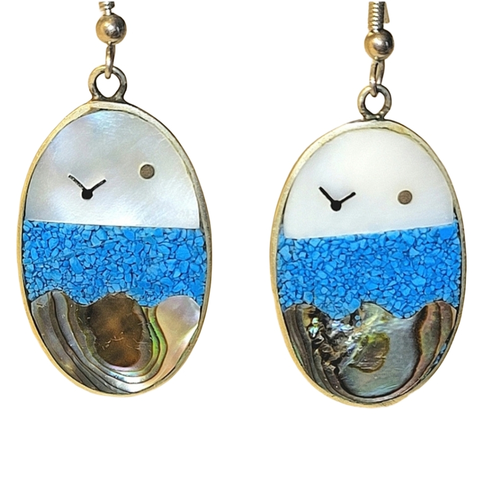 Vintage Mexican Alpaca Silver Inlay Dangle Earrings - Turquoise, Abalone, & MOP